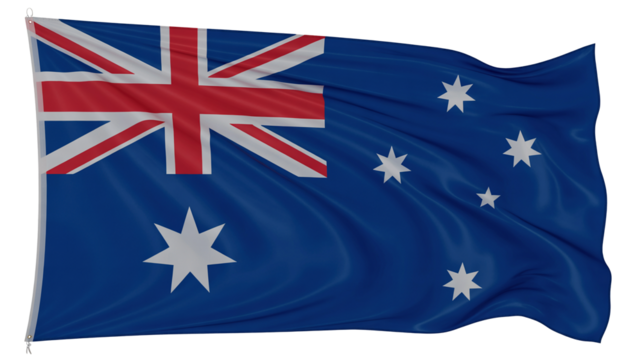 Australia's flag isolated on transparent background, a symbol of national pride and identity, waving proudly, perfect for patriotic designs