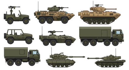Obraz premium Collection of Military Vehicles and Armored Personnel Carriers with Weapons Systems