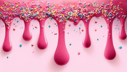 Sweet Pink Dripping Icing With Colorful Sprinkles Abstract Dessert Background Vector Illustration