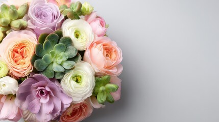 Close Up Floral Arrangement of Roses and Succulents in Soft Pastel Hues Against a Gray Backdrop