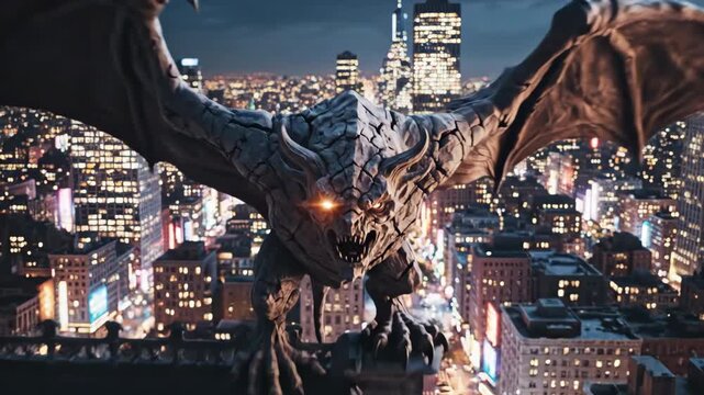 Cinematic night aerial of gothic gargoyle overlooking city skyline