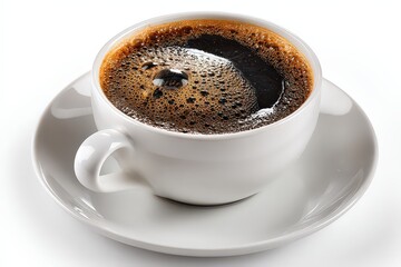 Close Up Shot of Freshly Brewed Black Coffee in White Ceramic Cup and Saucer Isolated on White Background