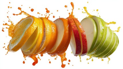 Colorful Sliced Fruit Explosion on White Background Featuring Orange Apple and Pear with Vibrant Splash and Isolated Presentation Perfect for Culinary and Healthy Food Concepts