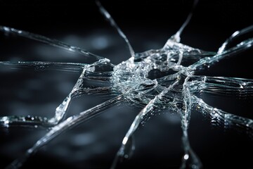 Dramatic Close Up of a Shattered Glass with Jagged Cracks on Dark Background with Abstract Design and Pattern Reflecting Light for Dramatic Effect