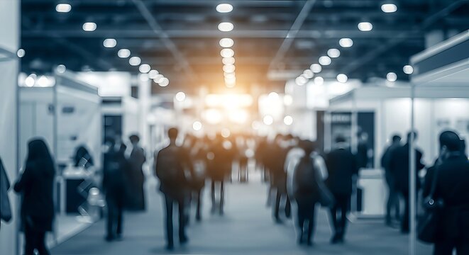Blurred view of professional exhibition ambiance featuring attendees and bright overhead lighting