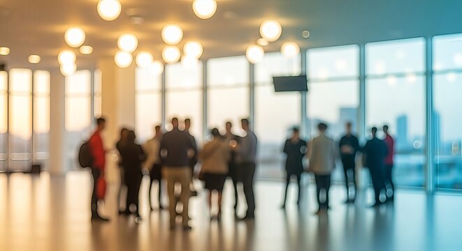 Blurred vision of professional gathering in a modern light-filled office overlooking city landscape