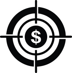Black financial bullseye target icon representing goals and success isolated on transparent background