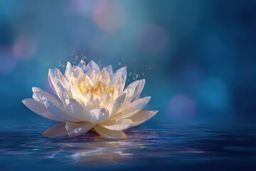 Glowing White Lotus Blossom on Water Surface with Bokeh Lights and Sparkles in Blue Tones for Serene Elegant and Spiritual Ambiance