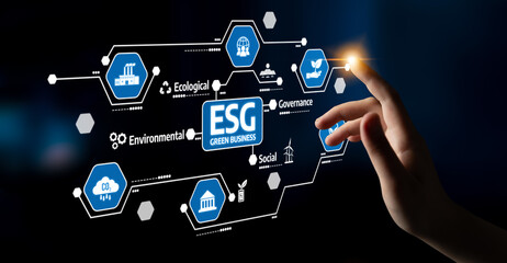 A hand reaches out to interact with digital icons representing ESG principles in business, focusing on environmental, social, and governance factors for sustainable growth. Tessel