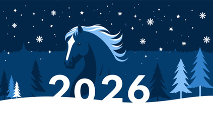 Majestic horse silhouette against winter night sky with year 2026 celebration