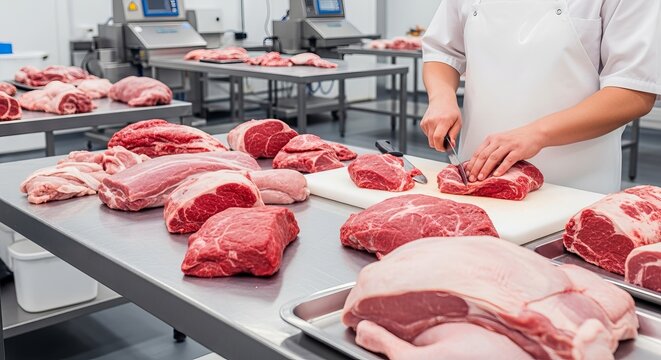 Medium shot of a professional butcher in a white coat slicing raw red meat on a cutting board at a stainless steel table in a modern meat processing factory
