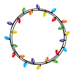 Circle decorative Christmas lights frame in flat style. Vector design of simple round shape lightbulb garland. Decorative element for xmas cards, invitations, banners, posters