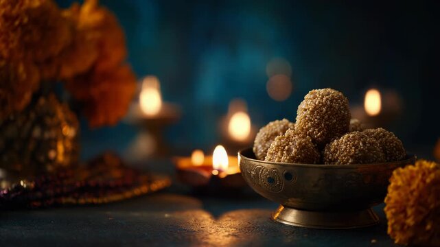 Til Laddu Festive Delight: Sesame Seed Balls, Marigolds and Diya