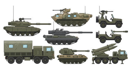 Illustration of various military vehicles, including tanks, trucks, and rocket launchers, in pixel art style