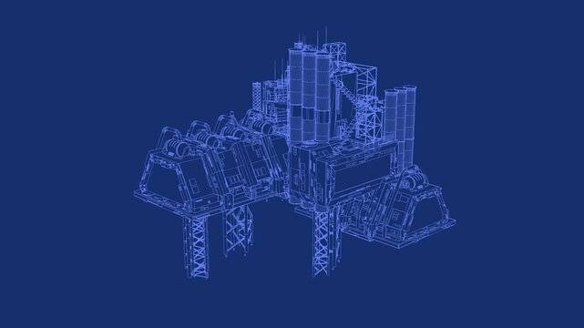 Futuristic industrial complex loop animation, clean blueprint-style wireframe, technology, engineering, sci-fi, presentation, line art, 4k
