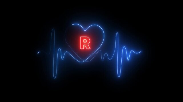 Red Letter R Inside Blue Neon Heart With Blue Electrocardiogram Line On Black Background love