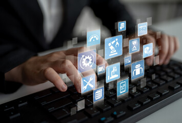 Predictive maintenance icons for industry, automation, smart factory and manufacturing showing data analysis, monitoring, robotics and system optimization with advanced maintenance solutions. Entice
