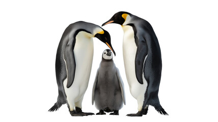 Loving emperor penguin family isolated on transparent background, portrait offers gentle nurturing scene of nature's beauty and togetherness