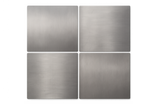 Brushed stainless steel texture background with four metal squares, metallic surface, industrial concept
