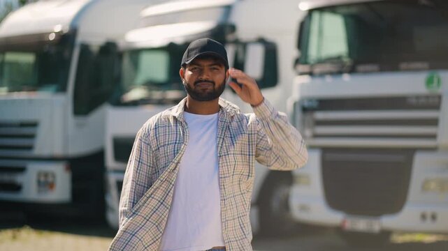 Confident Indian truck driver putting on a cap in front of semi trucks