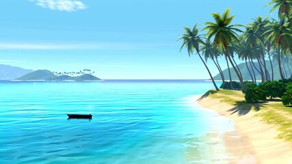Dreamy tropical beach paradise video with turquoise ocean water and palm trees swaying gently in the breeze offering a relaxing vacation vibe
