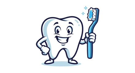 Happy cartoon tooth character smiling and holding a toothbrush with toothpaste, promoting excellent oral hygiene and fresh breath