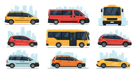 Collection of Various Transportation Vehicles Cars, Buses, and Vans in Flat Design Style