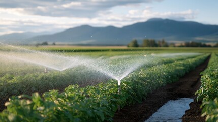 An irrigation system spraying water across farmland in perfect arcs, sunlight refracting through droplets as fields stretch toward the horizon — efficient irrigation, water management, and