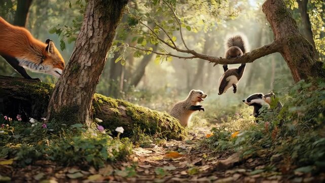 Forest Frolic: Squirrel, Badger, Fox, and Weasel Playful Encounter in Enchanted Woods