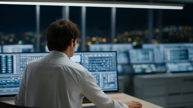 A scalable cloud computing architecture visualized as rows of glowing server racks, with a technician monitoring real-time workload distribution on a large dashboard — modern data infrastructure, - Powered by Adobe