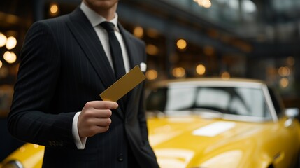 Man in suit gripping auction paddle as final bid is called on classic sports car, surrounded by cameras — representing status symbolism, wealth display, and emotional storytelling in elite