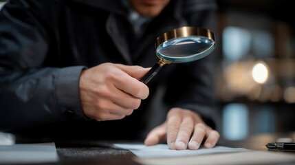 A forensic specialist analyzing fingerprints with a magnifying glass under UV lighting, evidence dust floating in the air &mdash; criminal analysis, forensic science, and high-detail investigative work.