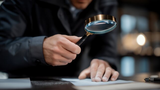 A forensic specialist analyzing fingerprints with a magnifying glass under UV lighting, evidence dust floating in the air &mdash; criminal analysis, forensic science, and high-detail investigative work.