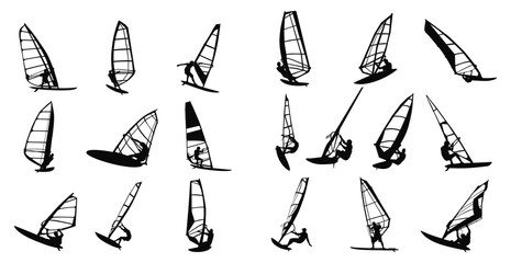 Windsurfing silhouettes: a collection of windsurfing silhouettes captured against a clean, uncluttered backdrop, perfect for design and showcasing action sports