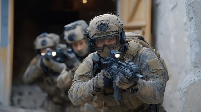 A special forces team breaching a fortified structure with synchronized precision, handheld devices showing live thermal maps as they communicate silently through headsets — tactical entry