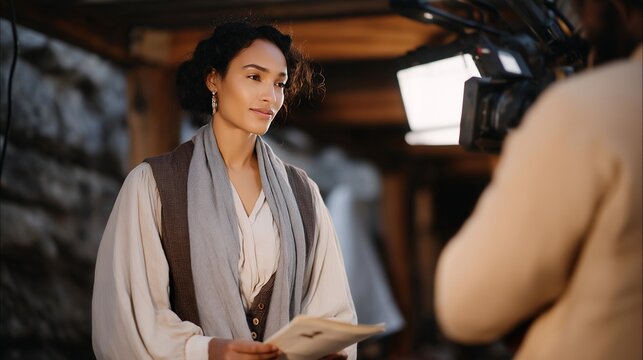 A historical documentary crew scanning old photographs and letters with portable lights and overhead rigs, historian speaking passionately about preserved memories — archival storytelling, heritage