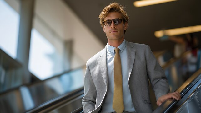 A business professional descending a long escalator into a sleek, polished subway station, coffee in hand and determined expression — corporate commuting routine, efficient urban mobility, and - Powered by Adobe