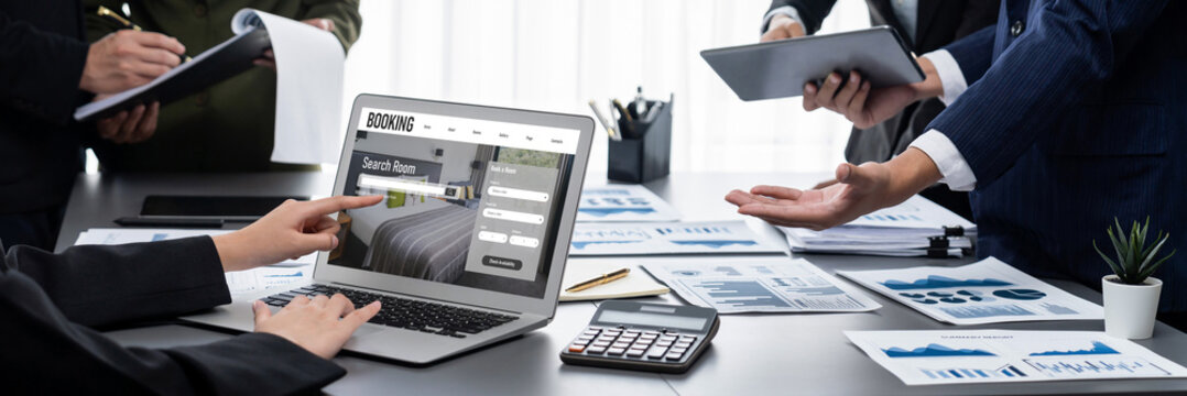 Online hotel accommodation booking website provide brisk reservation system . Travel technology concept .