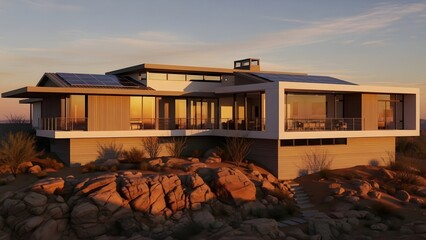 Stunning modern luxury home with advanced solar panels nestled harmoniously within a rugged desert landscape at golden hour, showcasing sustainable living and architectural brilliance