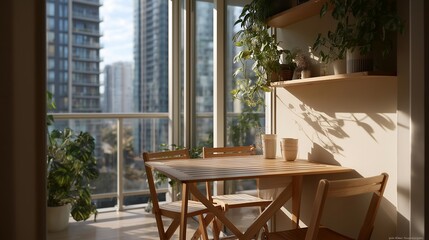 A tiny dining area with a space-efficient wall-mounted table that folds flat when not in use, paired with stackable chairs tucked neatly beneath — small apartment dining, smart furniture solutions,