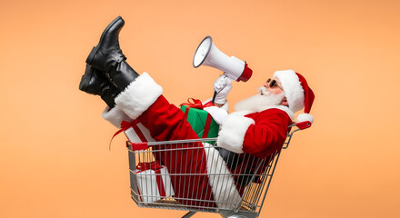 Funny Santa in a shopping cart yelling in megaphone
