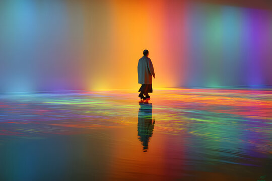 Conceptual Journey of a Lonely Figure on a Spectrum Light Floor