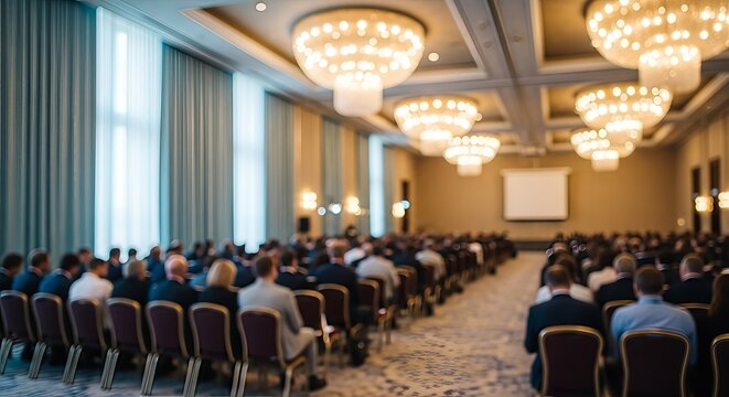 Elegant conference hall filled with attendees listening to presentation business meeting