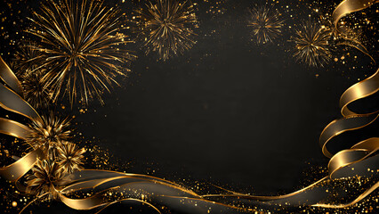 Prestigious celebration background featuring gold ribbons and dazzling fireworks illumination