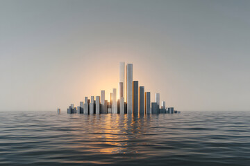 Futuristic City Skyline Bar Graph Reflection in Water at Sunrise