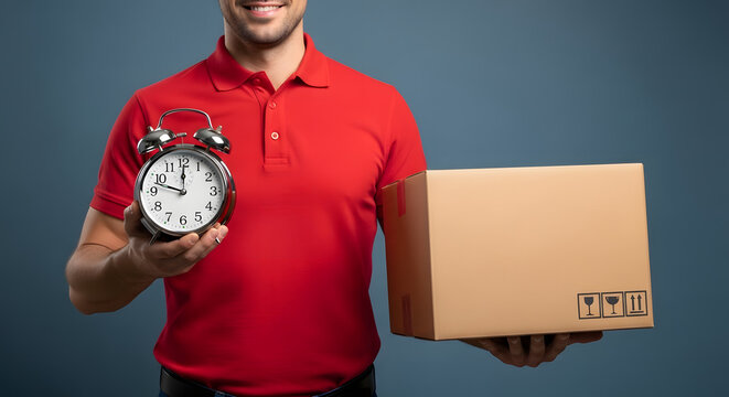 Smiling courier offering fast on-time delivery service