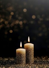 Glitter pillar candles on black sparkling surface with warm festive lights, holiday content for luxury branding, advertising, and digital design
