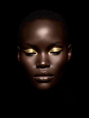 Beauty portrait with gold metallic eyeshadow on dark background, luxury festive content for holiday branding, advertising, marketing, and design