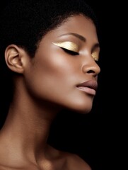 Beauty portrait with gold winged eyeliner on dark background, premium holiday visuals for branding, marketing, and digital design