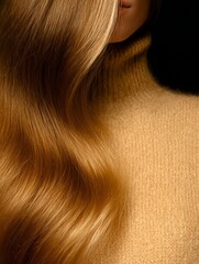Soft golden waves hairstyle with cozy knit turtleneck closeup, luxury festive content for holiday branding, advertising, marketing, and design